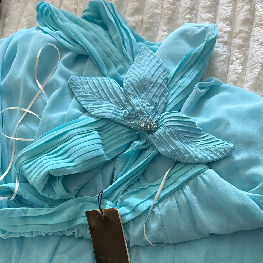 PatBO NWT Flower Appliqué One Shoulder Gown- Island Blue - Picture 8 of 10